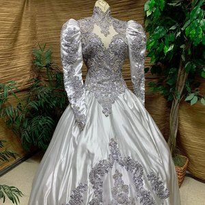 Hand Dyed Demetrios Silver Gray Satin Long Sleeve Dress Bridal Gown Costume Med